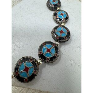 Vintage Beads With Intricate Turquoise & Red Enamel Medallions On Silver-Toned M